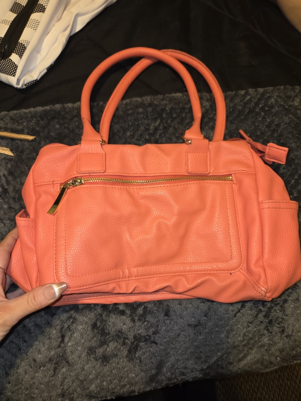 Coral Pebbled Leather Satchel Handbag - Women